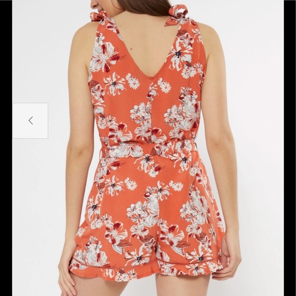 Orange Tropical Print Tie Shoulder Romper - Picture 2 of 2